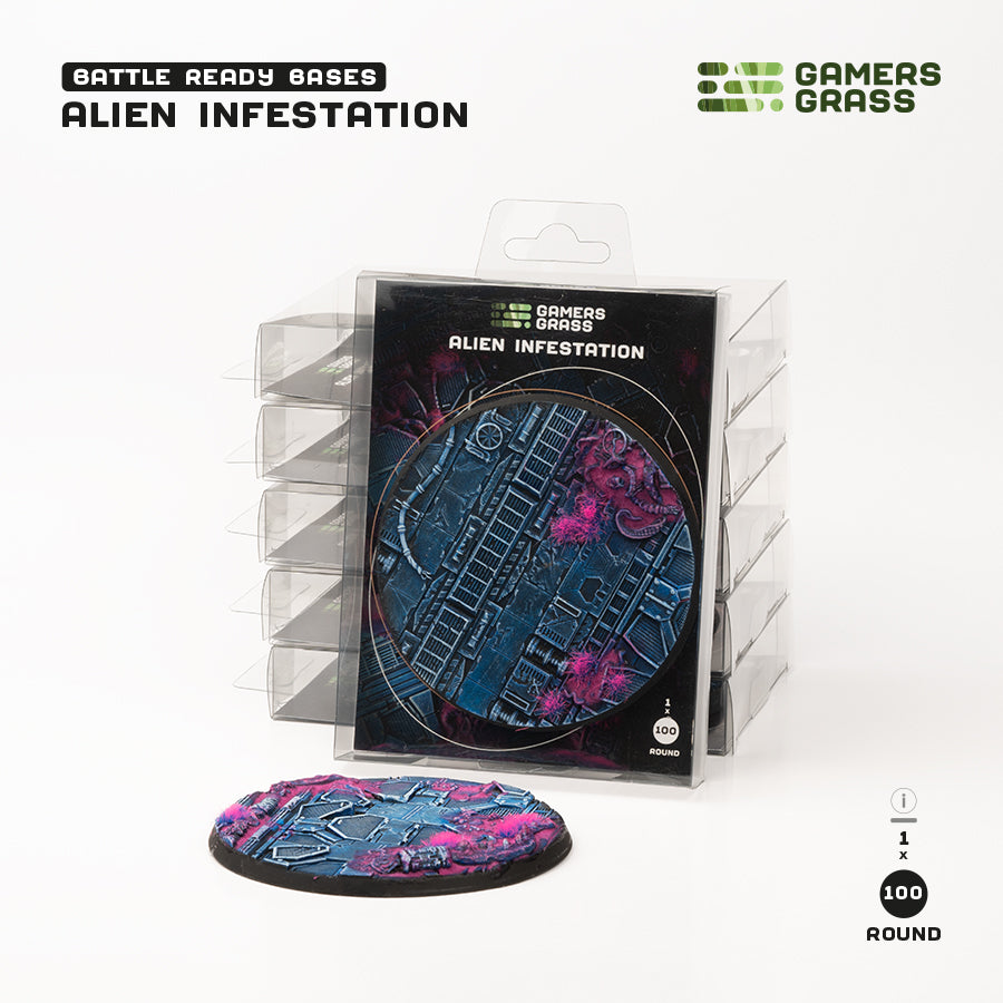 Alien Infestation 100mm base: the single-base blister on a stack of packs, the loose base lying in front