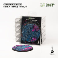 Gamers Grass packaging and massive 100mm Alien Infestation base displayed on white background

