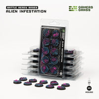 Gamers Grass product packaging for 25mm Alien Infestation bases with painted bases displayed alongside on white background


