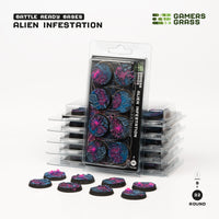 Gamers Grass product packaging for 32mm Alien Infestation bases with painted bases displayed alongside on white background
