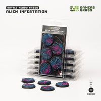 Gamers Grass product packaging and painted 40mm Alien Infestation bases displayed on white background
