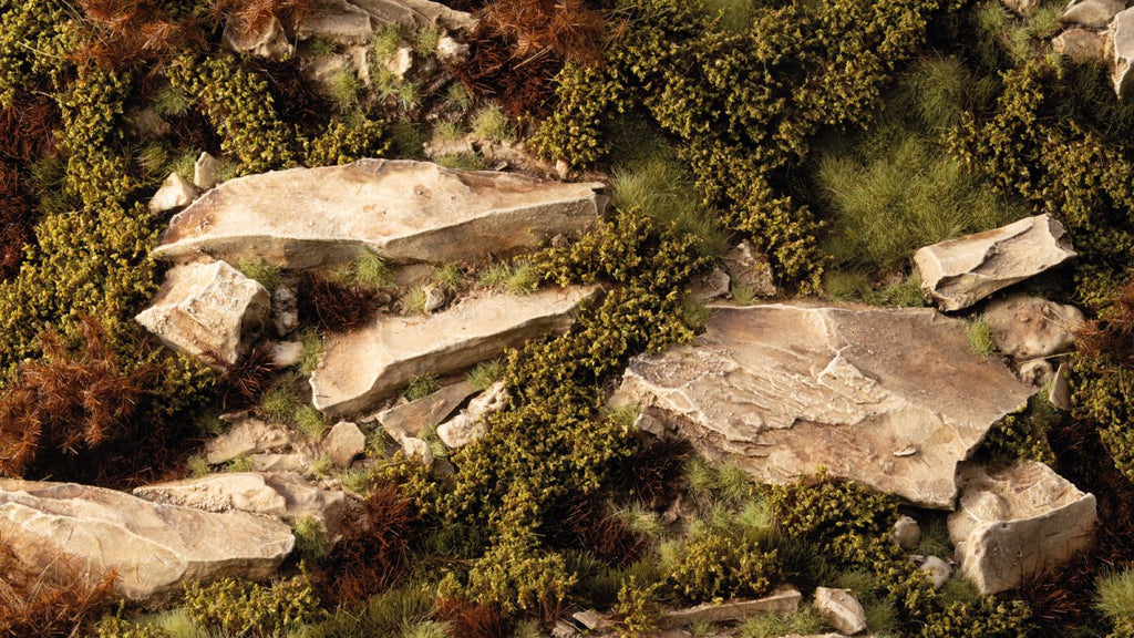 Diorama scene with Gamers Grass Dry Green Shrubs among rocks and vegetation
