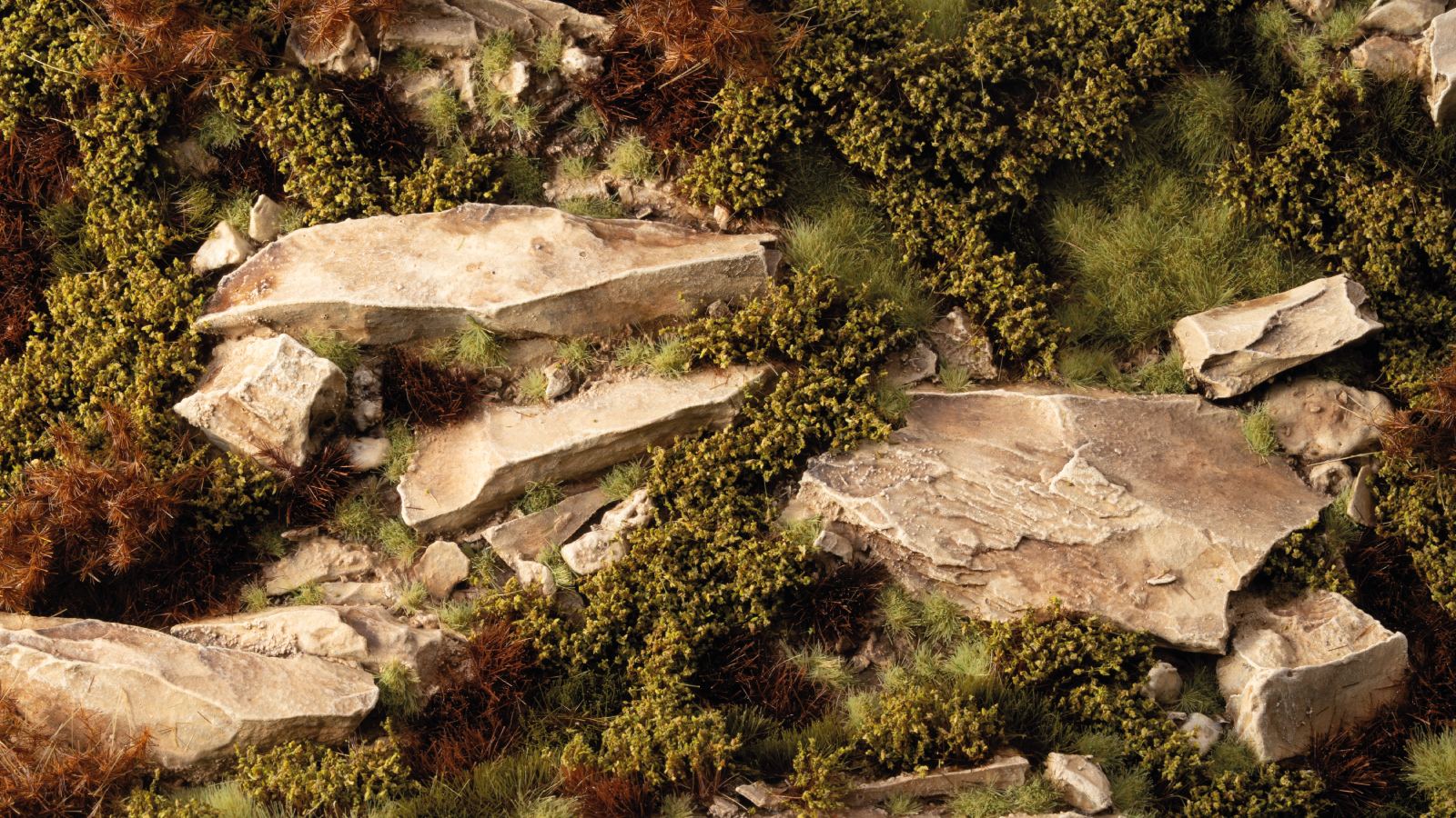 Diorama scene with Gamers Grass Dry Green Shrubs among rocks and vegetation
