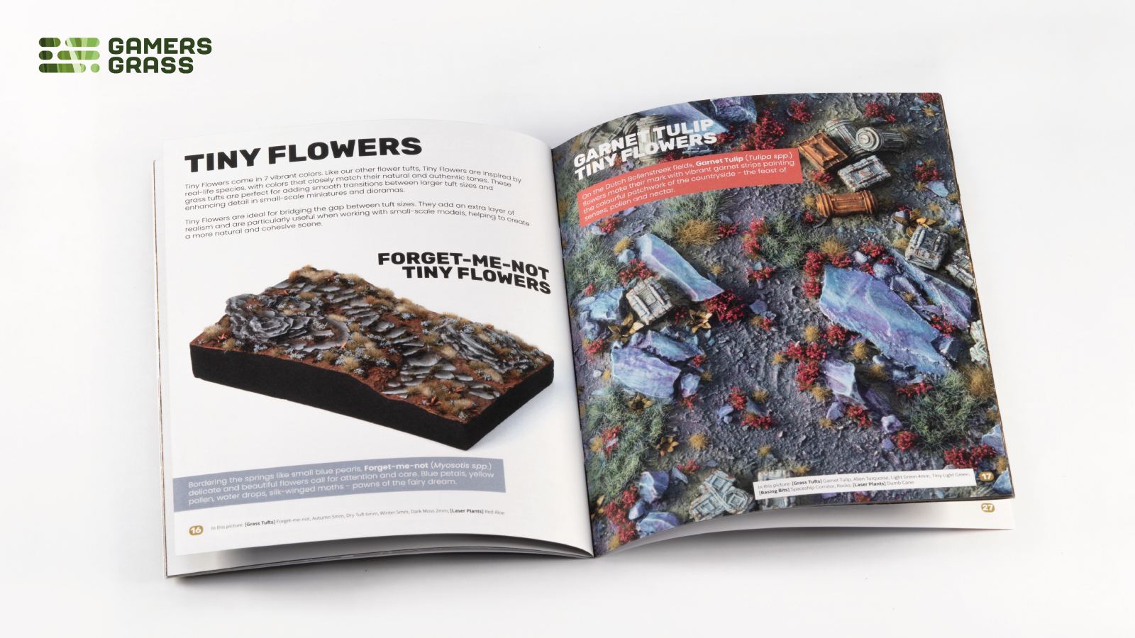 Gamers Grass Flowers Core Set booklet open showing tiny flower tufts examples