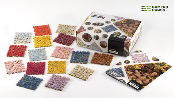 Alt: Gamers Grass Flowers Core Set box with colorful flower tufts displayed