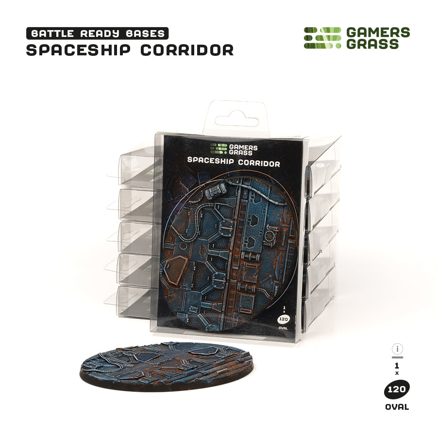 Gamers Grass packaging and single painted 120mm oval Spaceship Corridor base displayed on white background
