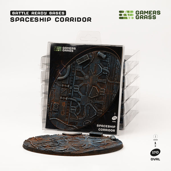 Gamers Grass packaging and massive 170mm oval Spaceship Corridor base displayed on white background
