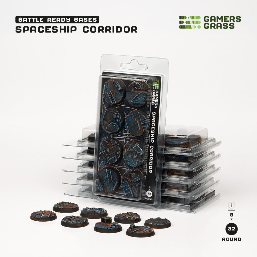 Sealed blister of eight 32mm Spaceship Corridor bases labelled 8 x 32 Round, standing on a stack of further blisters