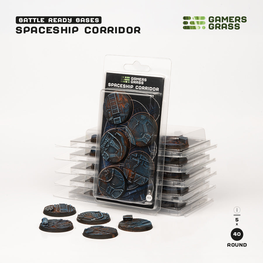 Blister of five 40mm Spaceship Corridor bases resting on stacked blisters, with five loose painted bases in front