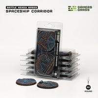 Gamers Grass packaging and two painted 60mm Spaceship Corridor bases displayed on white background

