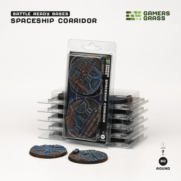 Gamers Grass packaging and two painted 60mm Spaceship Corridor bases displayed on white background
