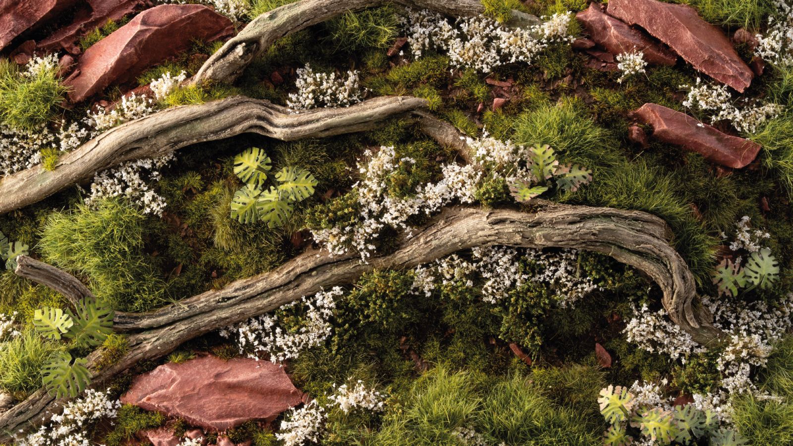 Gamers Grass White Rose Flowers Tufts used on scenic diorama terrain with rocks, grass and white floral basing