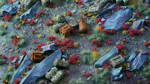 scenic diorama with Gamers Grass garnet tulip tiny flowers used among rocks and terrain