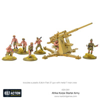 Miniatures of heavy weapons, including 88 AA Gun, from the Bolt Action German Afrika Korps Starter Army.
