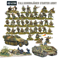 Overview of miniatures included in the Bolt Action German Fallschirmjäger Starter Army, featuring infantry, vehicles, and weaponry.
