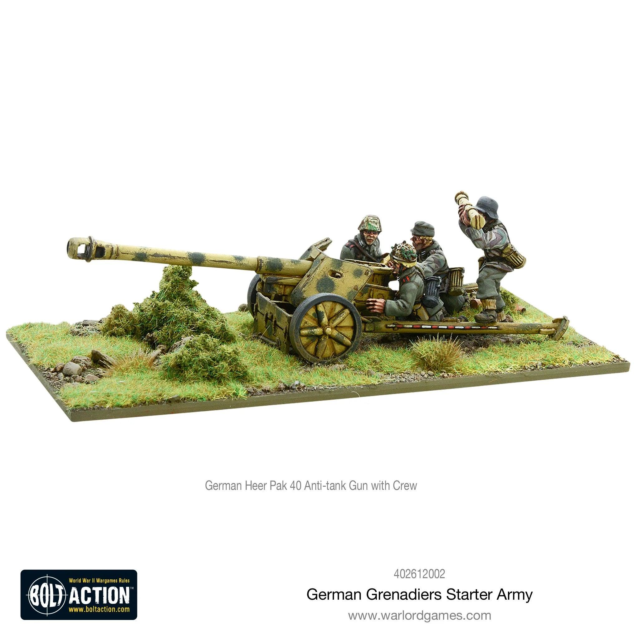 Artillery miniatures from the Bolt Action German Grenadiers Starter Army, featuring finely detailed WWII weaponry.