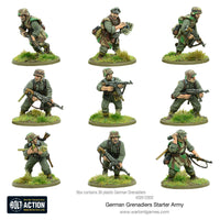  Close-up view of infantry miniatures from the Bolt Action German Grenadiers Starter Army, showcasing detailed WWII soldiers.
