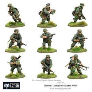  Close-up view of infantry miniatures from the Bolt Action German Grenadiers Starter Army, showcasing detailed WWII soldiers.