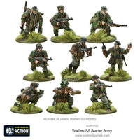 Close-up of detailed infantry miniatures from the Bolt Action German Waffen SS Starter Army, featuring elite soldiers in action poses.
