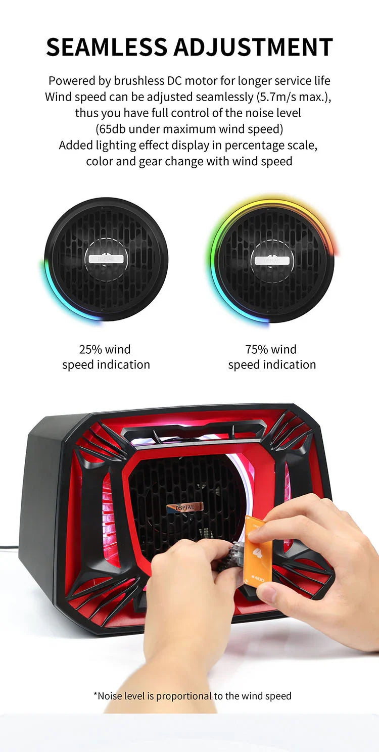 DSPIAE Seamless Adjustment panel: brushless motor, air up to 5.7 m/s, 65 dB at maximum, light ring shows the level