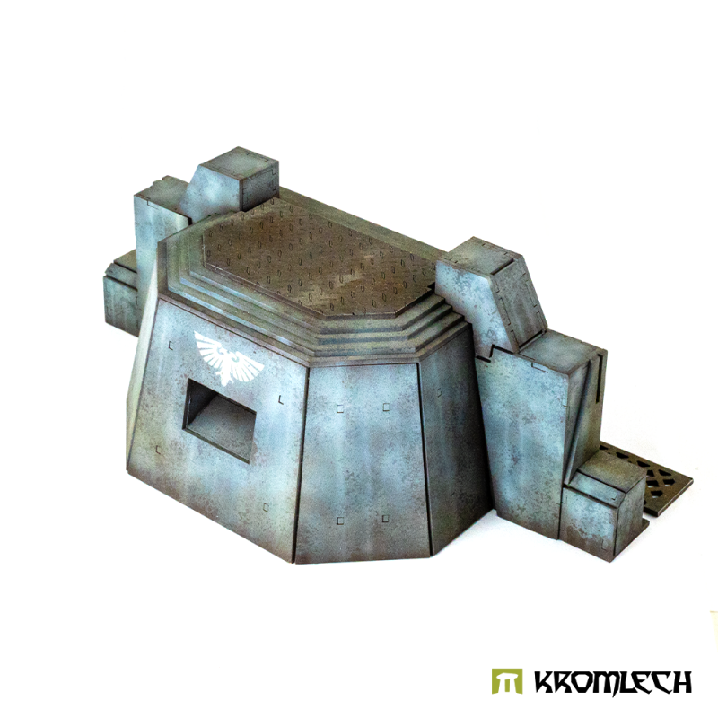 The blue-grey Gladius Sentry Gun Nest from the other front corner