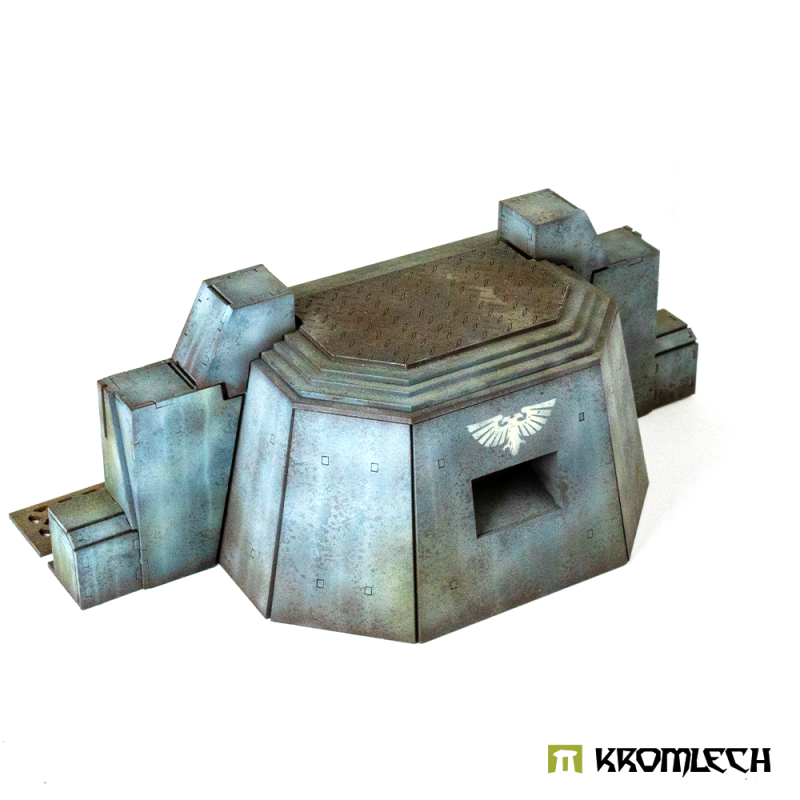 Gladius Sentry Gun Nest painted blue-grey: faceted front with one square firing slit
