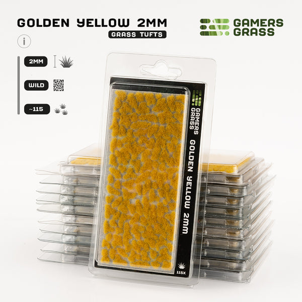 Gamers Grass Golden Yellow 2mm Tufts packaging, showcasing vibrant yellow grass and fantastical scene imagery