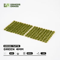 Sheet of 144 Green 4mm - Small Tufts, displaying various shapes and sizes of vibrant green grass tufts ready for diverse landscape applications
