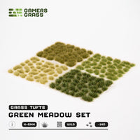 Contents of the Green Meadow Set, displaying various shades and sizes of green tufts
