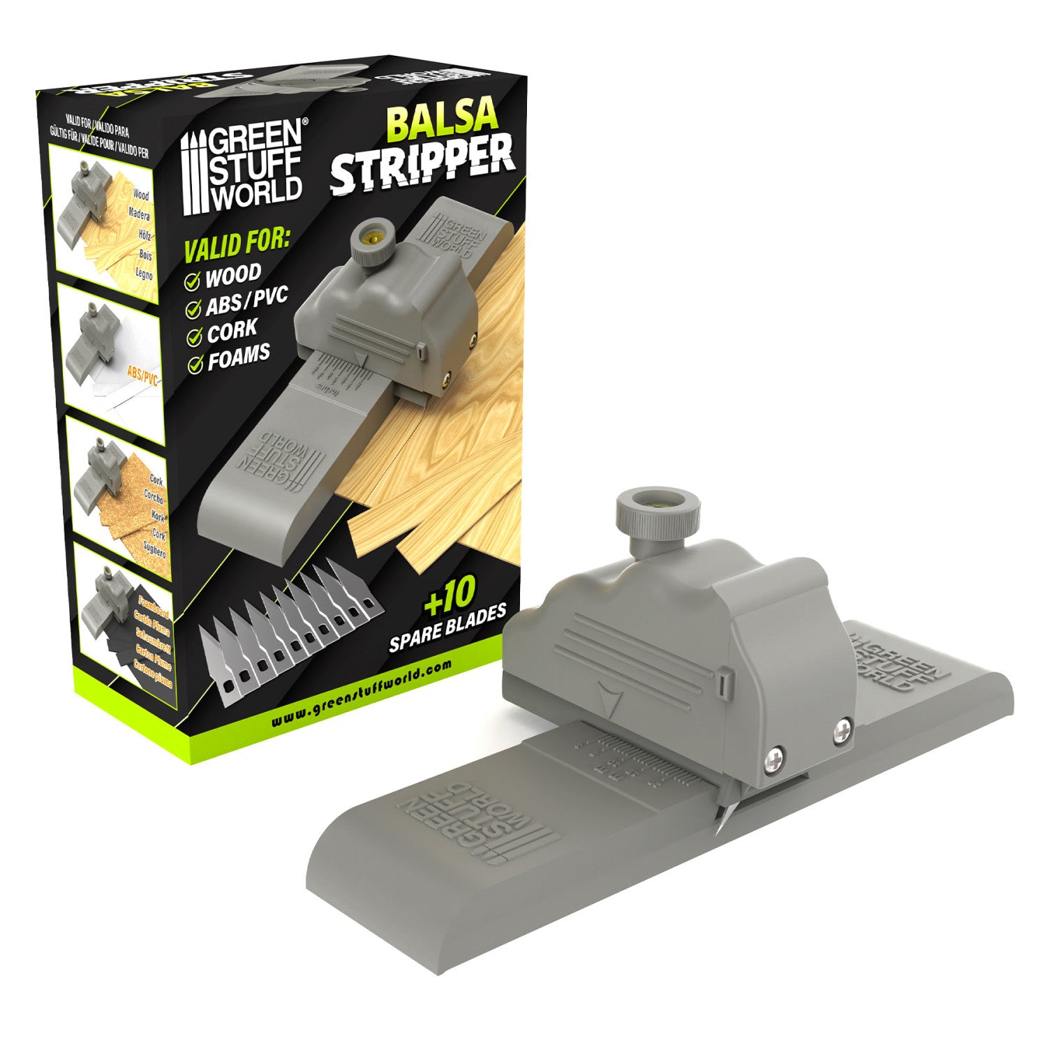 Green Stuff World Balsa Stripper with packaging and 10 spare replacement blades included