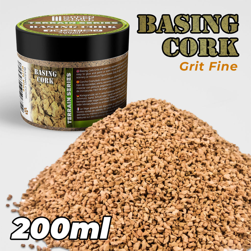 Green Stuff World Basing Cork Grit Fine 200ml Terrain Series tub with cork granules
