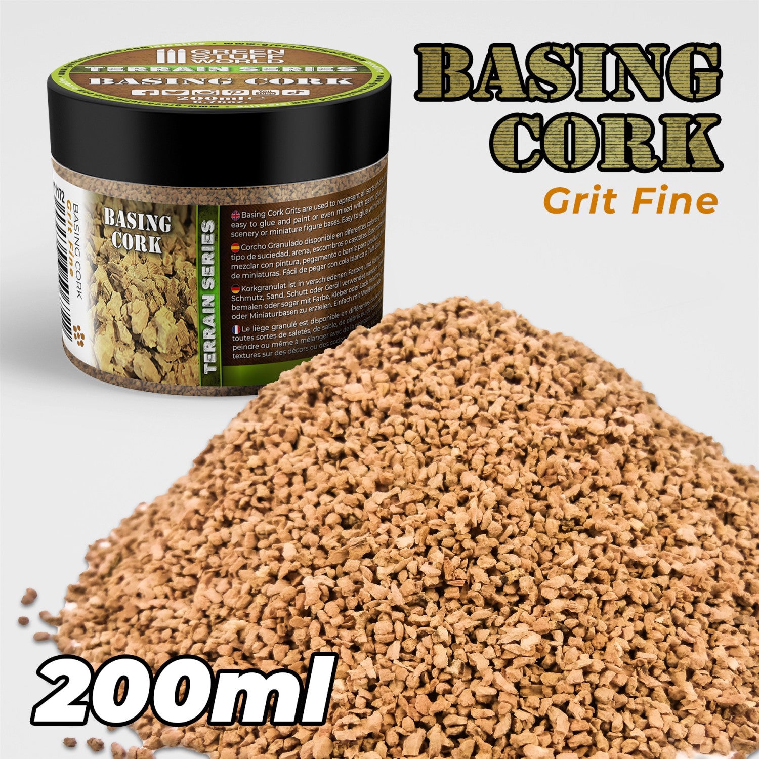 Green Stuff World Basing Cork Grit Fine 200ml Terrain Series tub with cork granules