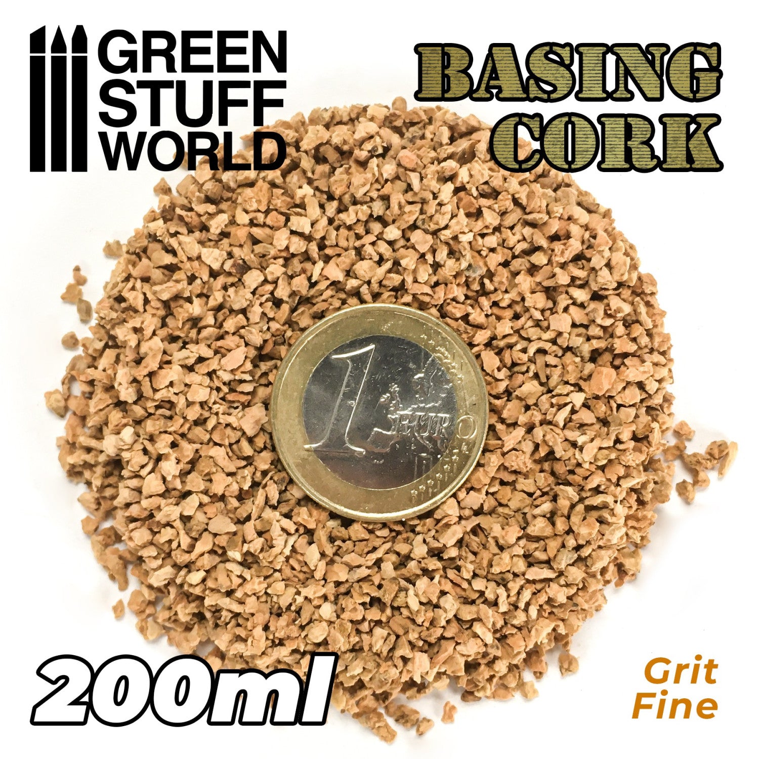 Green Stuff World Basing Cork Grit Fine with a 1 Euro coin for scale, 200ml
