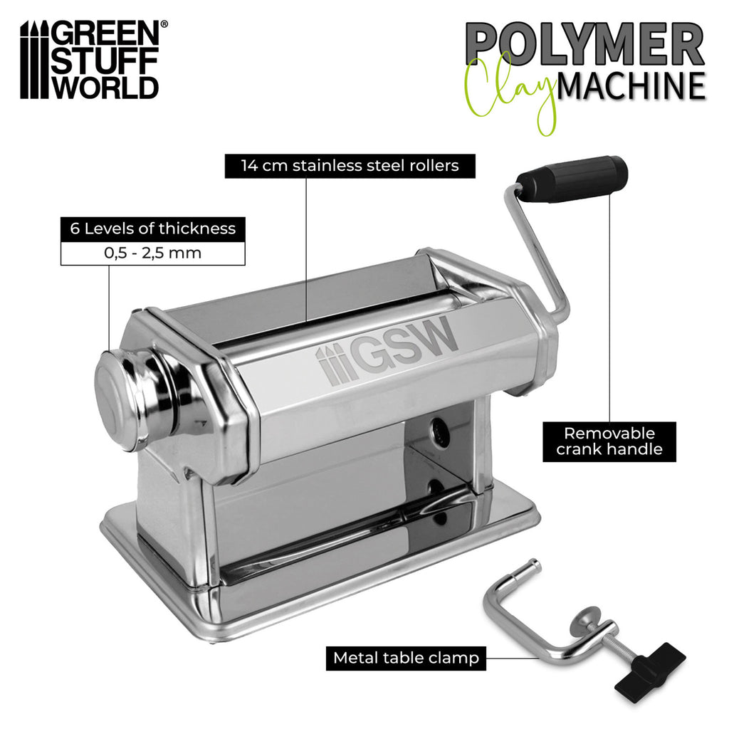 Green Stuff World Polymer Clay Machine features: 14cm steel rollers, 6 thickness levels 0.5-2.5mm, removable crank, metal clamp