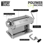 Green Stuff World Polymer Clay Machine features: 14cm steel rollers, 6 thickness levels 0.5-2.5mm, removable crank, metal clamp
