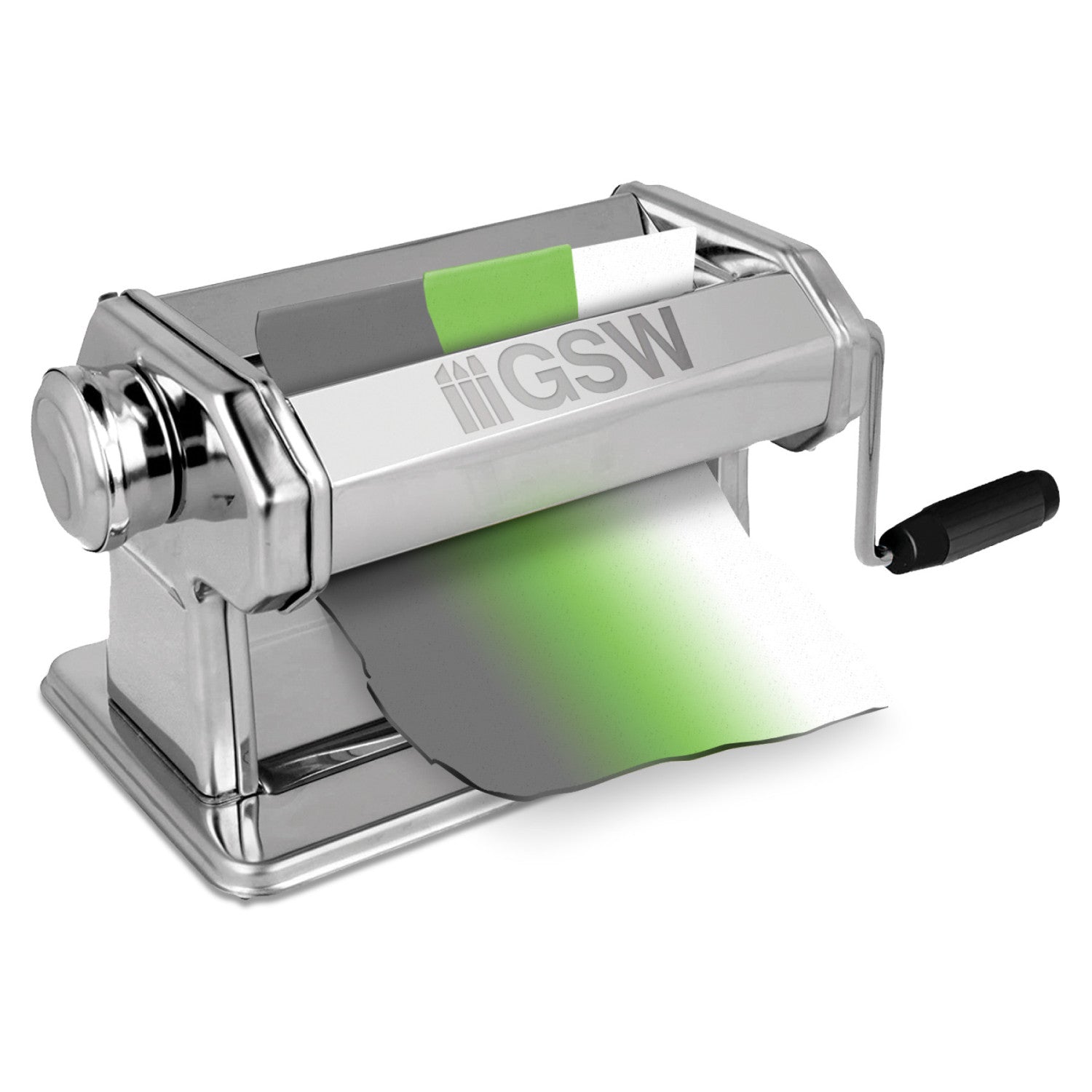 Green Stuff World Polymer Clay Machine with removable crank rolling a thin clay sheet