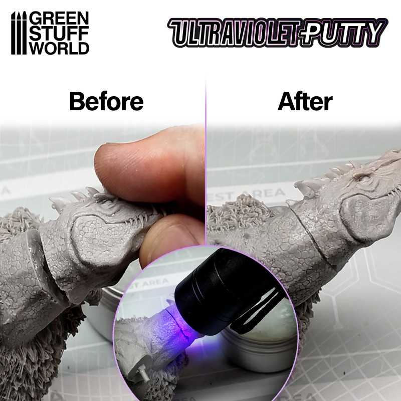 Green Stuff World UV Putty before and after miniature repair with UV curing