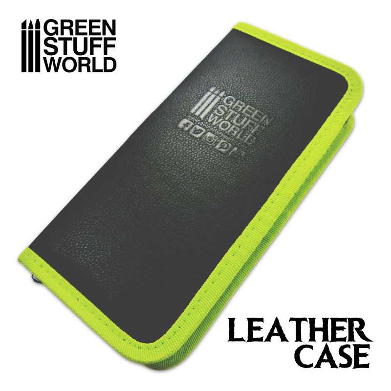 Black leather case with green edges on a white background, featuring 'Green Stuff World' branding.