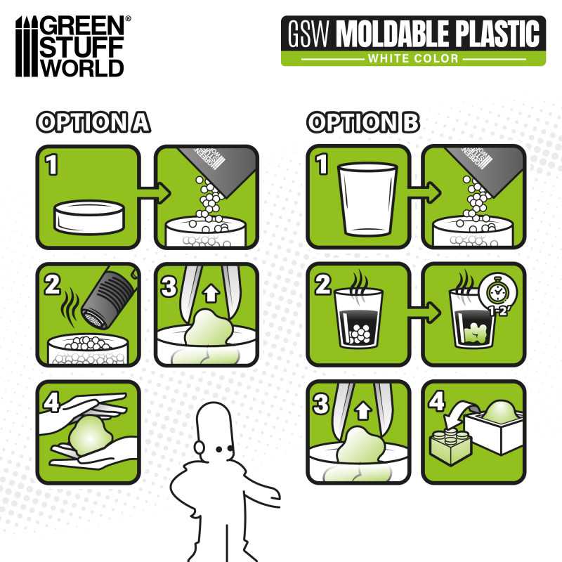 Illustrated instructions for heating and moulding GSW white thermoplastic beads
