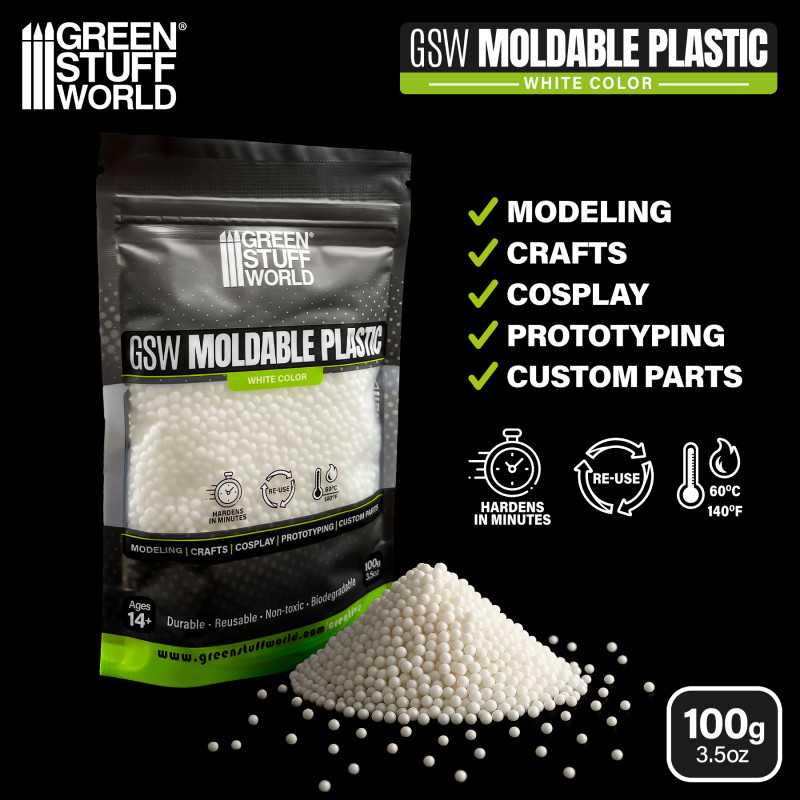 GSW Moldable Plastic white 100g pouch with pile of beads for modelling and cosplay