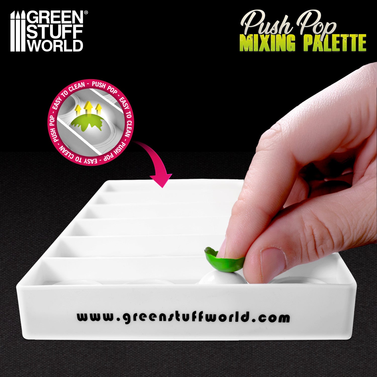 Flexible push pop paint palette wells allowing dried acrylic paint to be removed easily