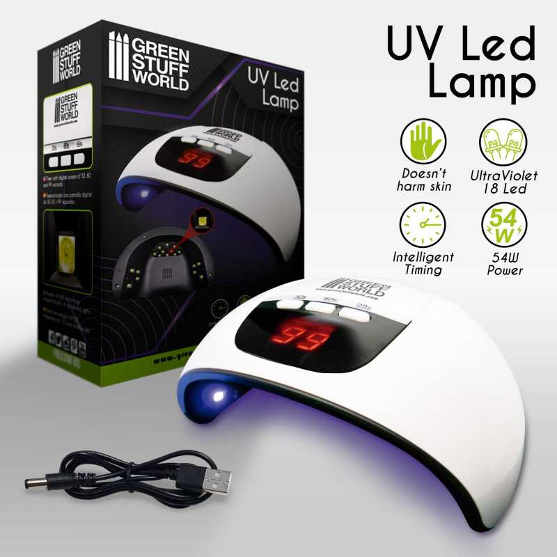 GSW UV LED Lamp with icons highlighting 54W power, 18 LEDs and safe UV curing