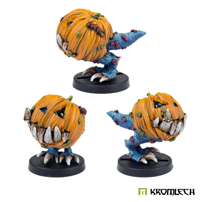Kromlech Halloween Pumpkin Gnaw painted from three angles: side, front and rear views of the pumpkin-headed Gnaw on bases