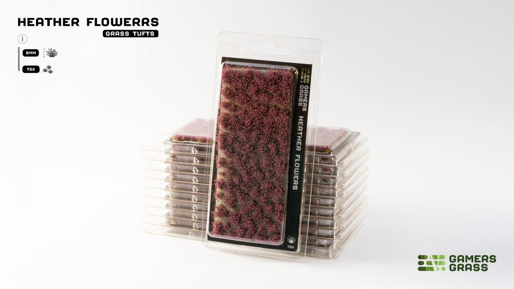 Gamers Grass Heather Flowers blister pack with 75 tufts of 6mm purple shrubs for miniature bases and scenic dioramas.