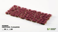 Close-up sheet of Gamers Grass Heather Flowers tufts – 75 self-adhesive 6mm purple heather clumps for wargaming bases and models.

