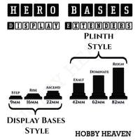 Hero Bases size chart – from Step 9mm to Reign 82mm, display and plinth style extenders.
