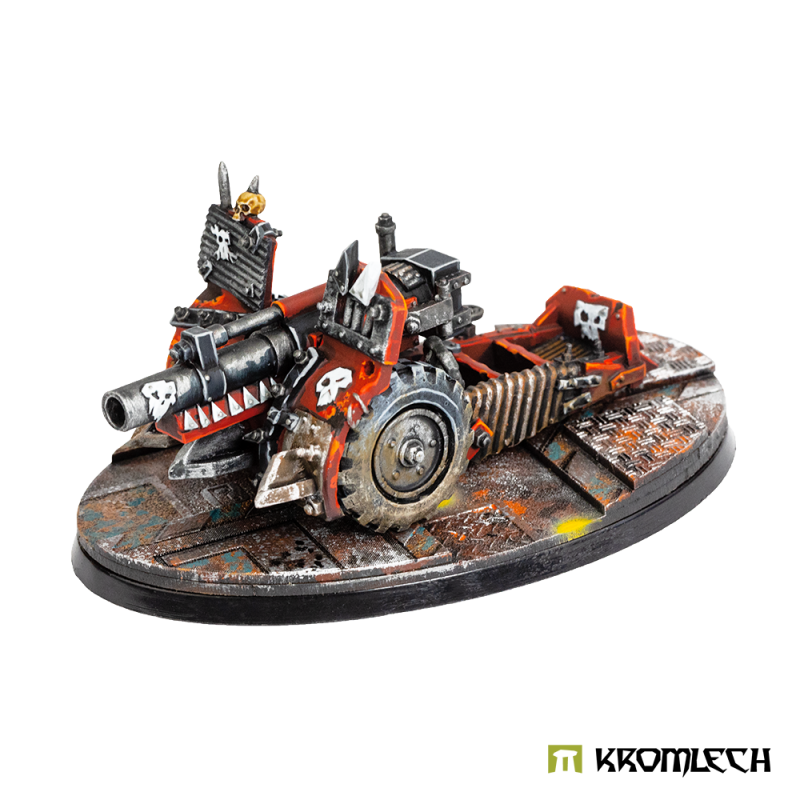 Painted red wheeled gun on a Hi-Tech oval base topper, shown for scale (model not included)