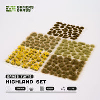 Contents of the Highland Tuft Set, displaying various shades of green tufts with yellow flower accents
