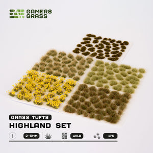 Contents of the Highland Tuft Set, displaying various shades of green tufts with yellow flower accents