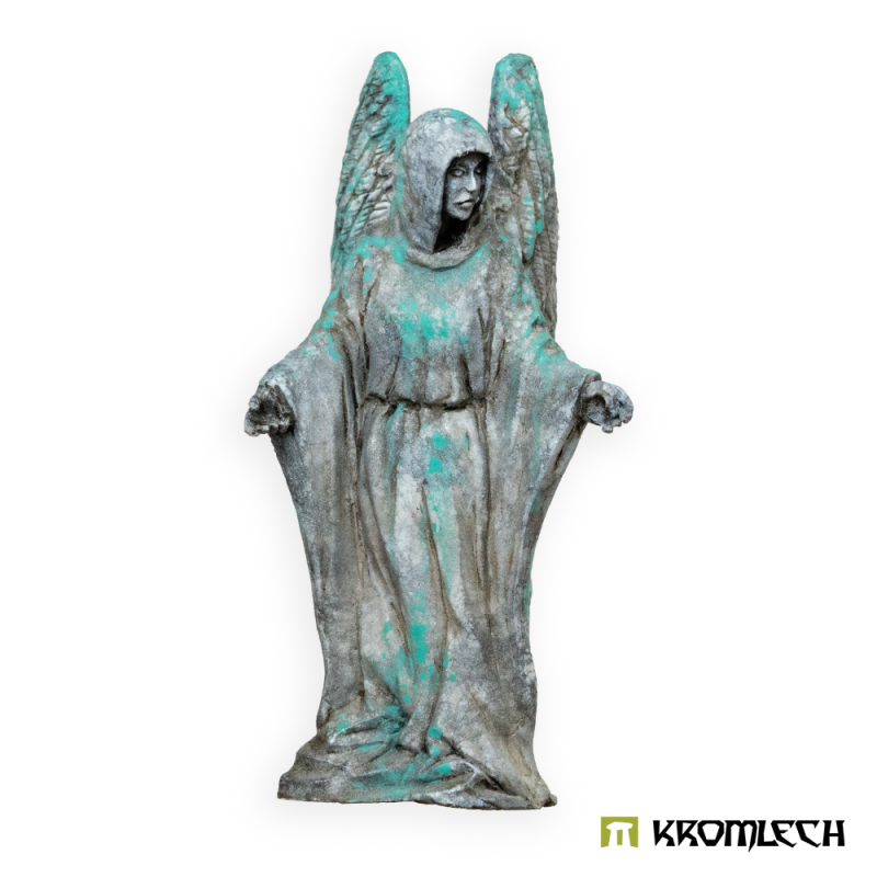 Kromlech Hive City Angel Statue painted as grey stone with green verdigris, front view of the hooded angel with open arms